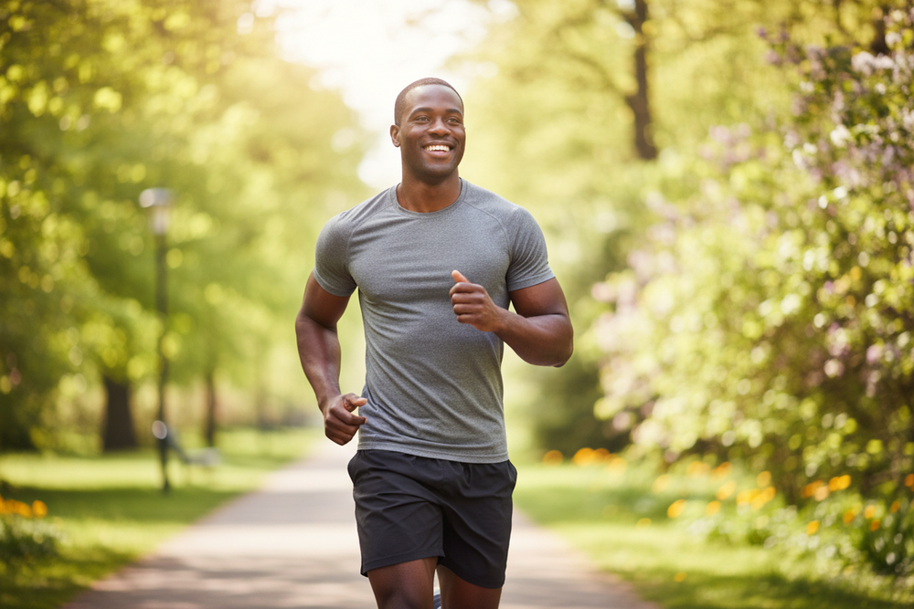 a hyper-realistic image of an active healthy african american man who is energetic and full of life 
